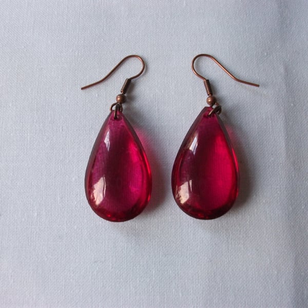 Ruby Red Clear Pear Drop shaped earrings with copper earwires.