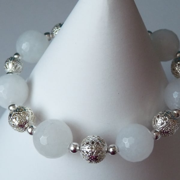 White Quartzite & Filigree Bead Bracelet  - Handmade - Genuine Gemstone 