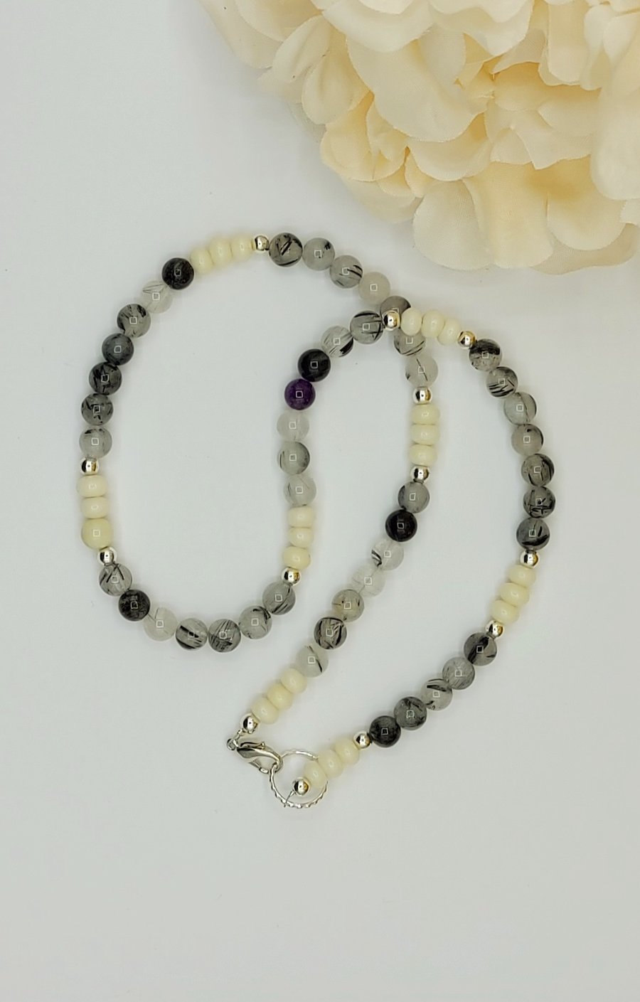  BLACK RUTILE AND IVORY AGATE GEMSTONE NECKLACE