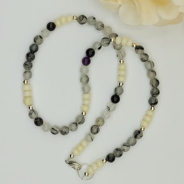  BLACK RUTILE AND IVORY AGATE GEMSTONE NECKLACE