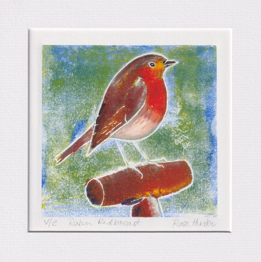 SALE robin redbreast - original hand painted lino print 016