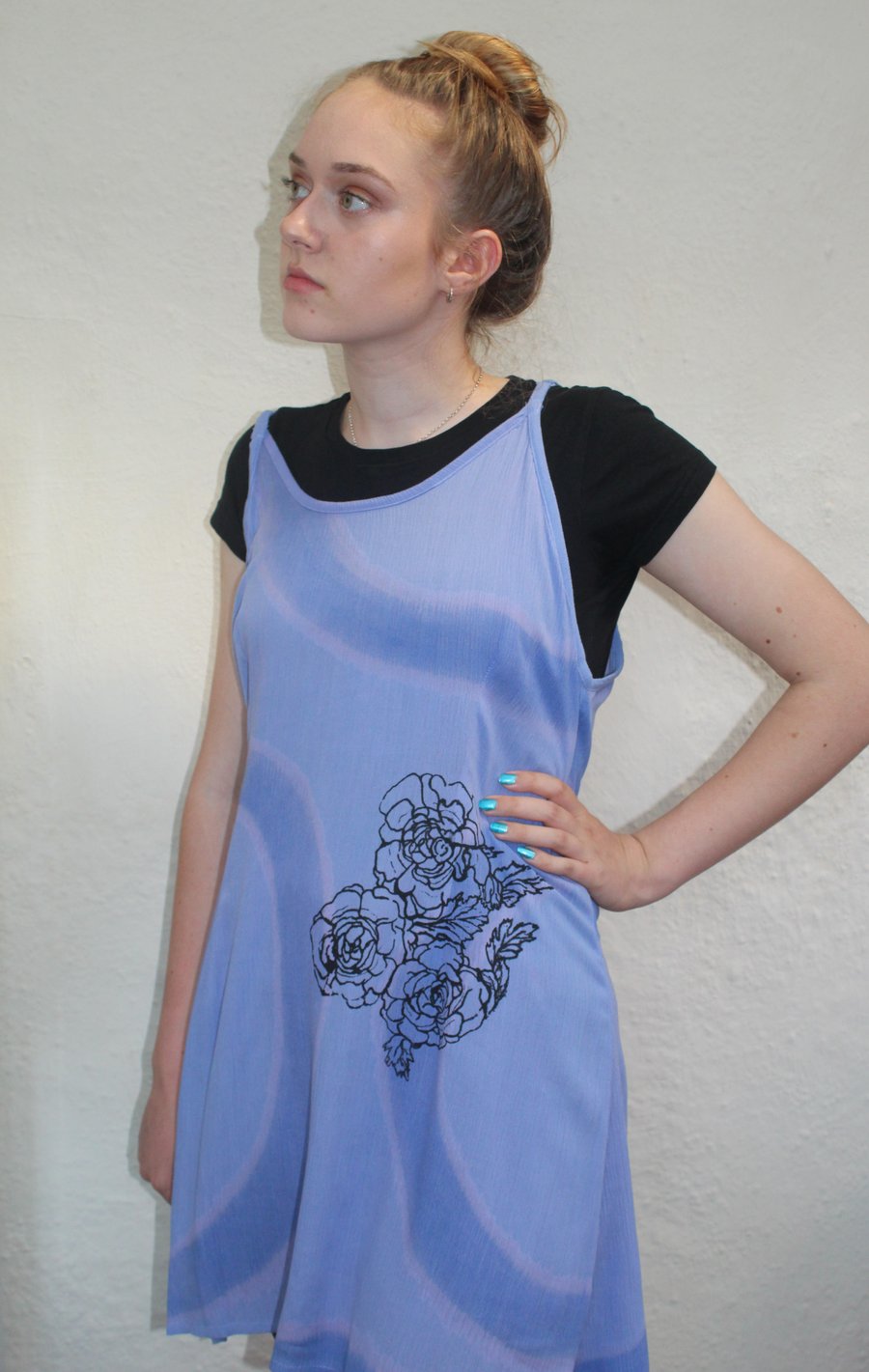 Vintage 90's Ladies blue floral strappy hand print dress,Summer,re worked dress