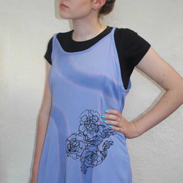 Vintage 90's Ladies blue floral strappy hand print dress,Summer,re worked dress