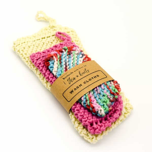 Hand knitted cotton wash cloths 3 pack - small, medium and large - multi