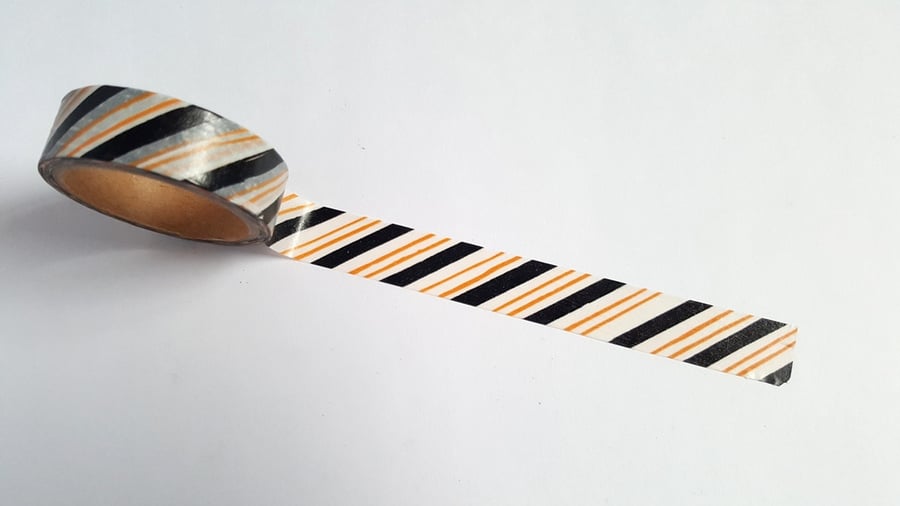1 x 5m Roll Adhesive Craft Washi Tape - 15mm - Black & Orange Stripes 