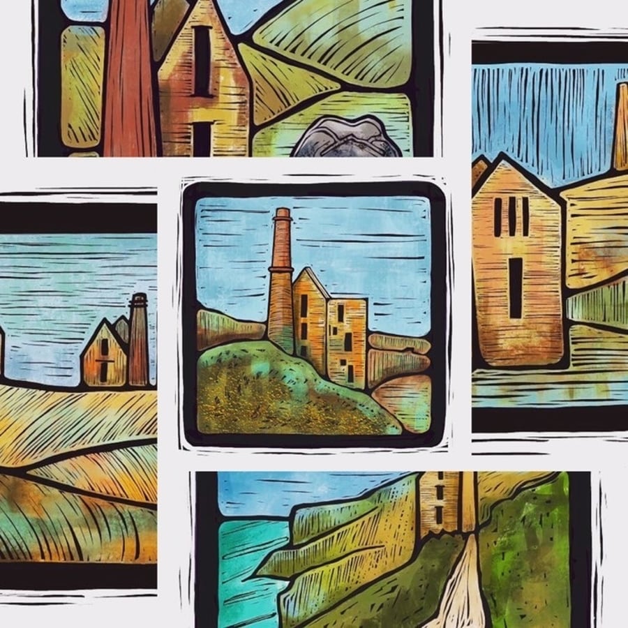 Set of 5 tin mine engine house prints Cornwall art digital Linoprint 