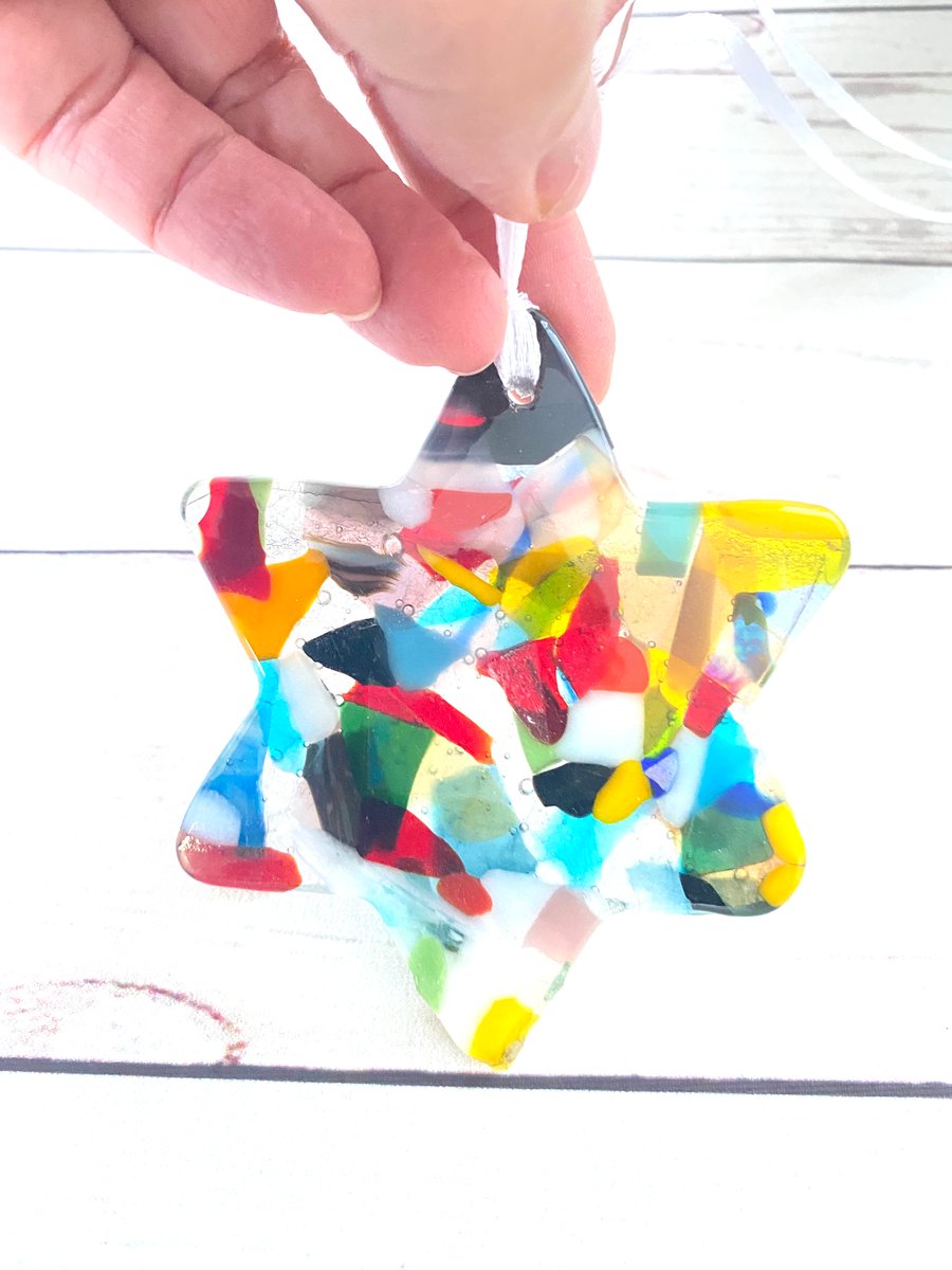 Fused glass multicoloured star - hanging decoration