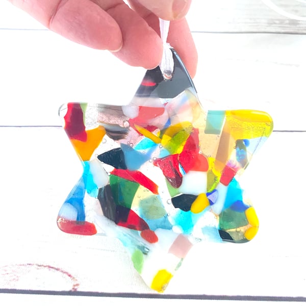 Fused glass multicoloured star - hanging decoration