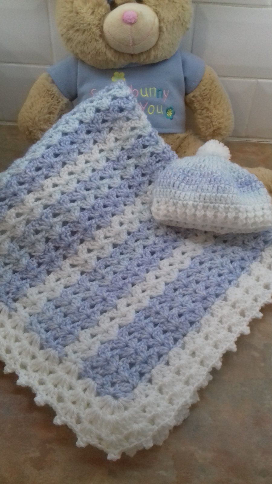 New born baby boy crochet blanket and matching hat set in blues and white