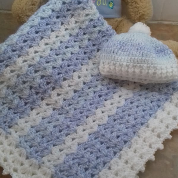 New born baby boy crochet blanket and matching hat set in blues and white