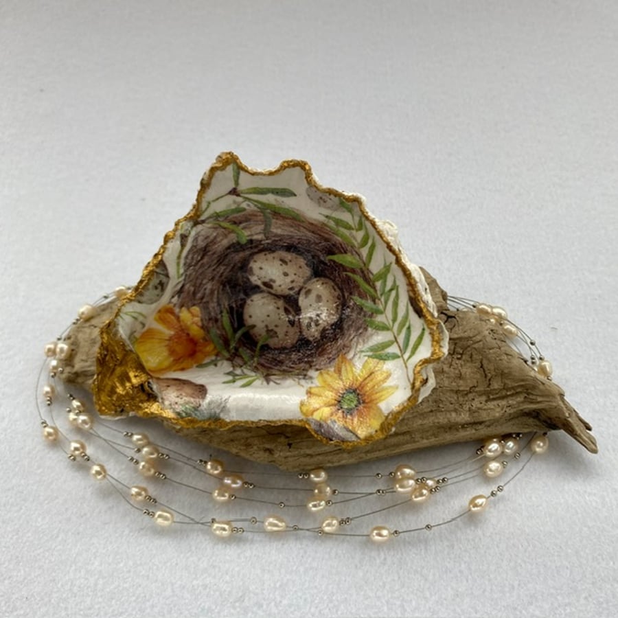 Large hand decorated and decoupaged Oyster Shell