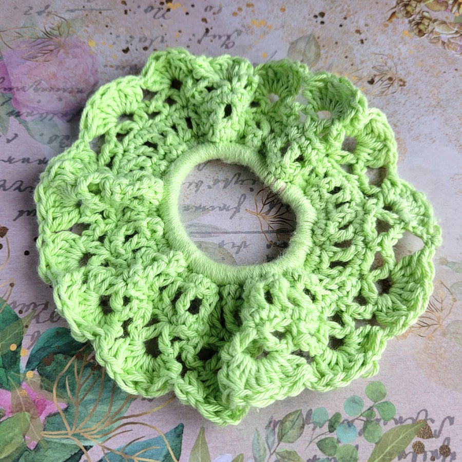 Large Hair Scrunchie, hand crocheted in soft 100% cotton yarn, Lime Green