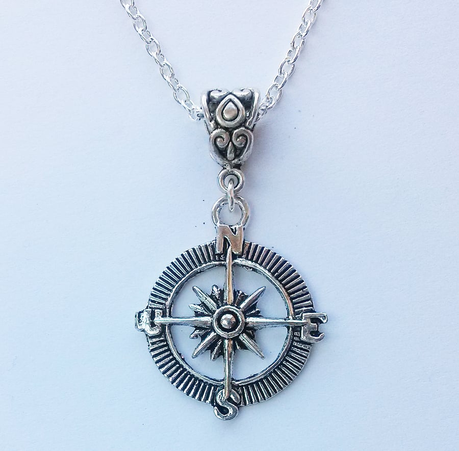 Compass Necklace Silver Plate Traveler Hiker Necklace