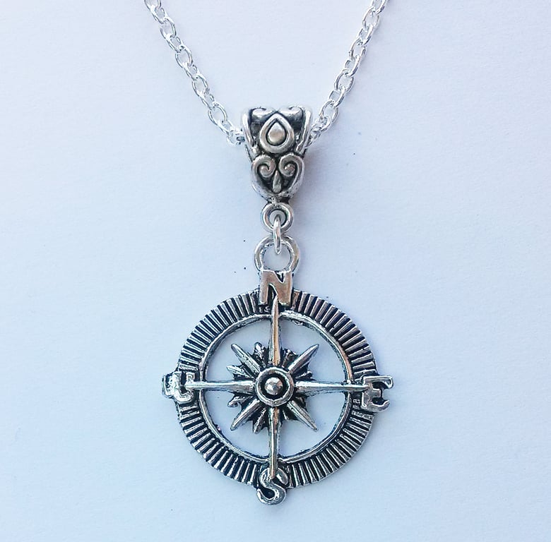 Compass Necklace Silver Plate Traveler Hiker Necklace
