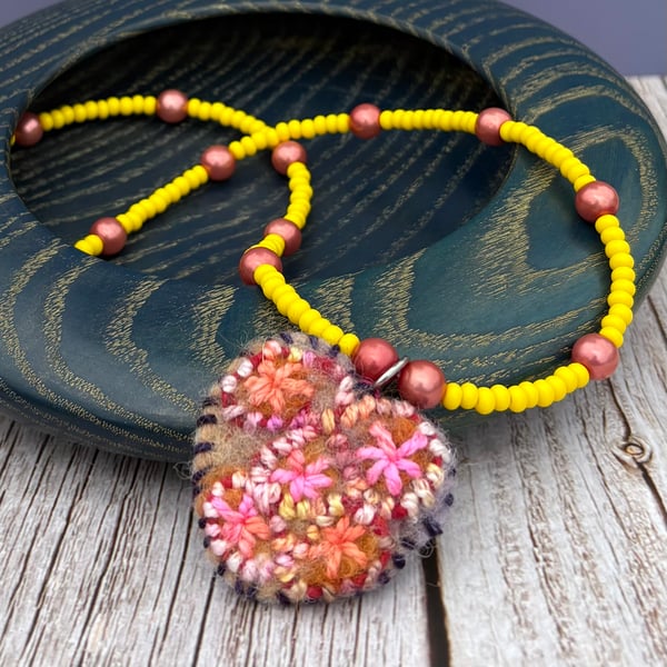 Bead and Felted Charm BoHo style Necklace - Flower Heart
