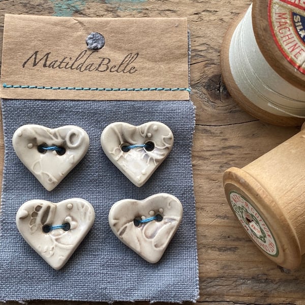Buttons 25mm handmade pottery heart button antique effect set of four 