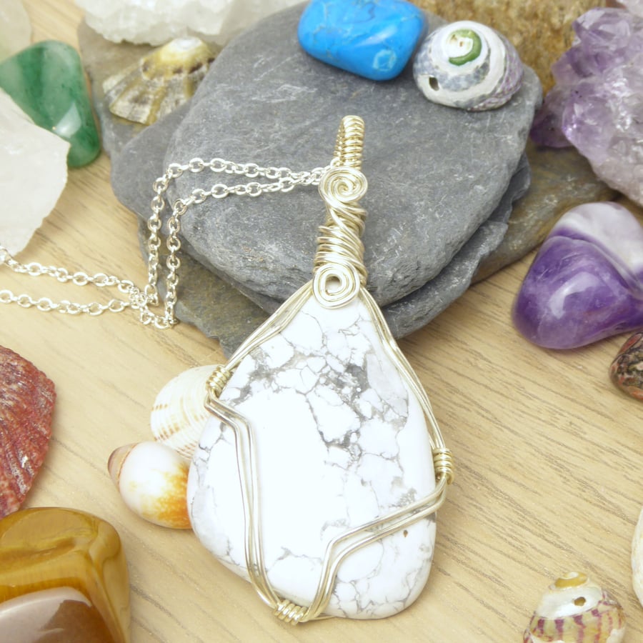 White Crystal Pendant, Howlite Necklace, Wire Wrapped Crystal Jewellery