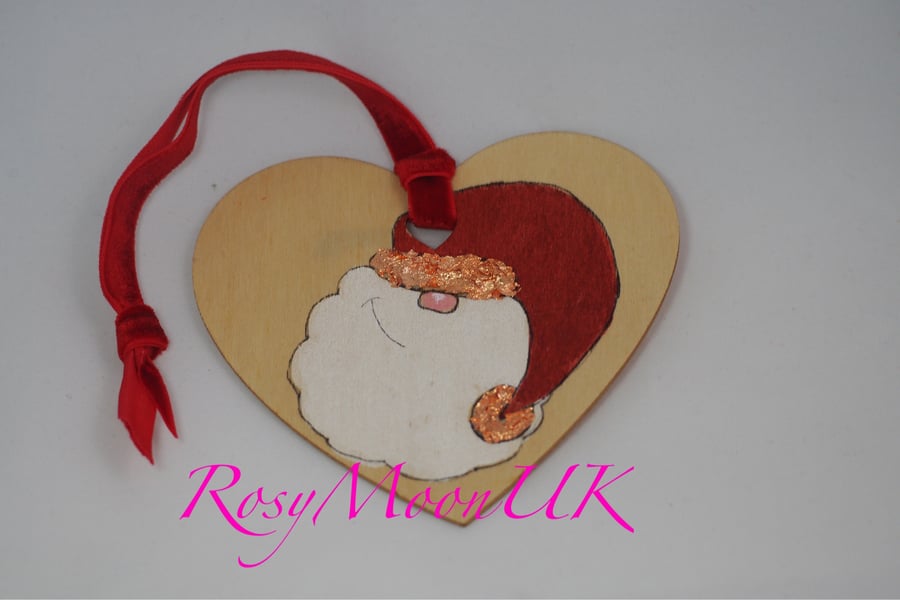 Father Christmas Wooden Heart Christmas Decoration with Golden Trim