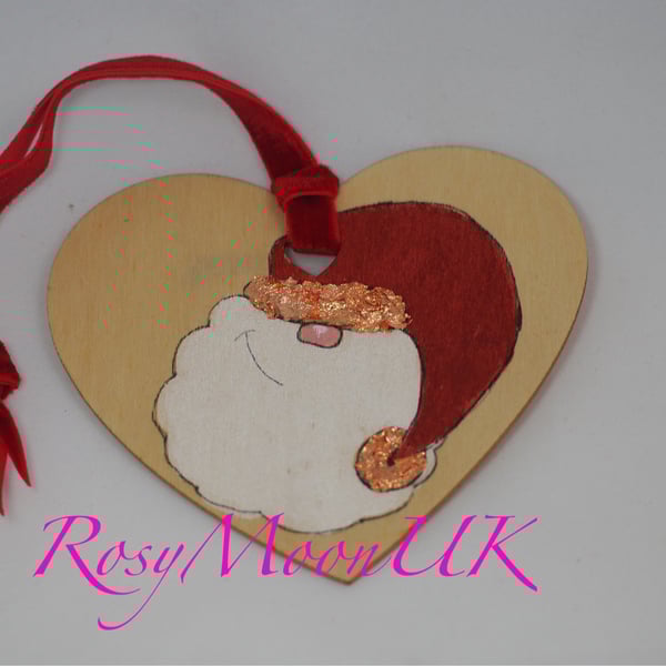 Father Christmas Wooden Heart Christmas Decoration with Golden Trim