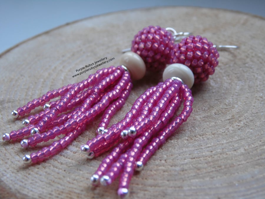 Pink & Cream Tassel Beaded Boho Sterling Silver Earrings E583