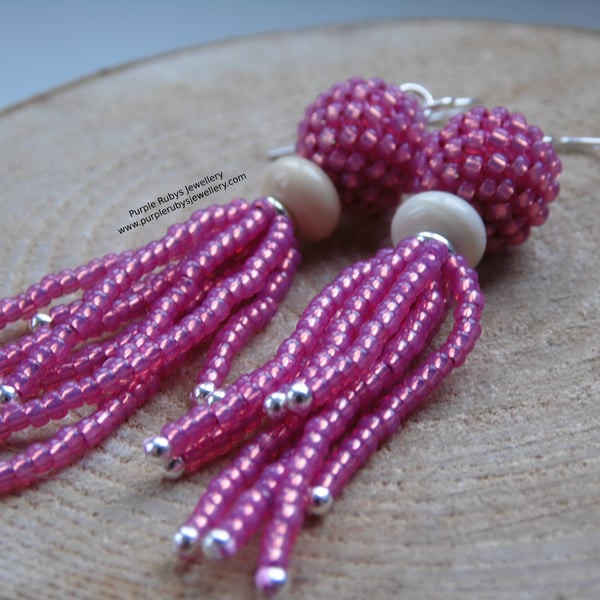 Pink & Cream Tassel Beaded Boho Sterling Silver Earrings E583