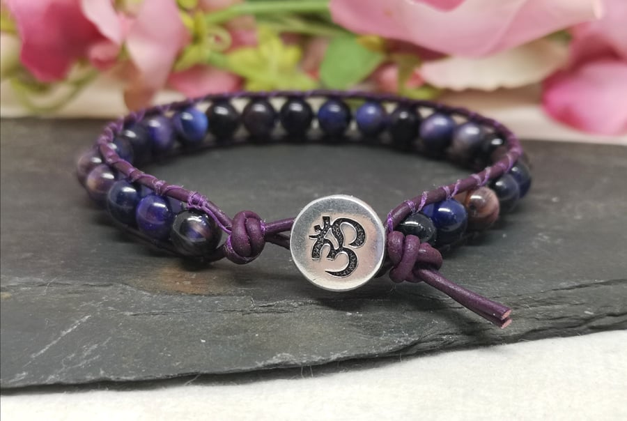 Galaxy tigers eye gemstone and purple leather bracelet with om button fastener