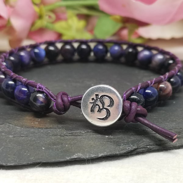 Galaxy tigers eye gemstone and purple leather bracelet with om button fastener