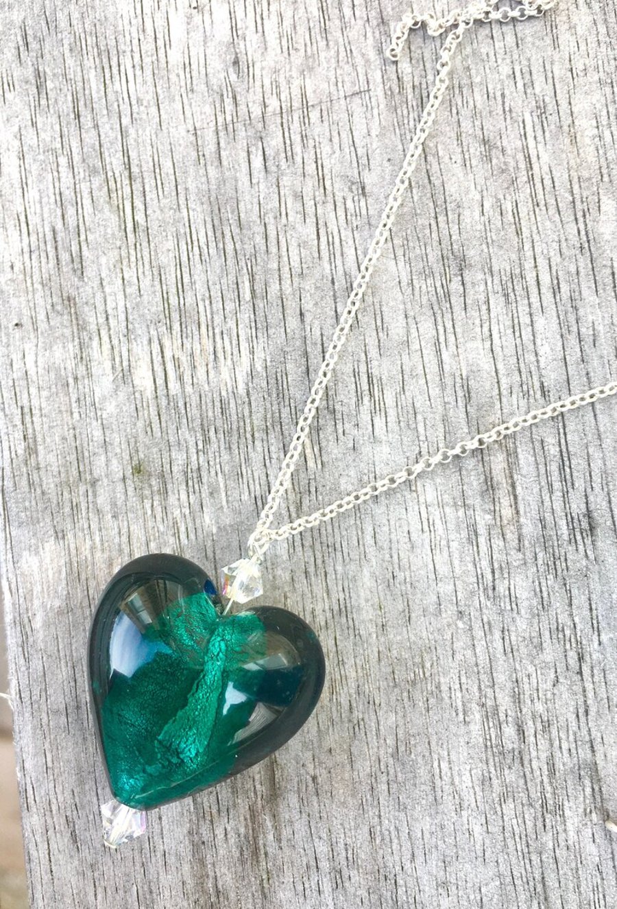 Teal Murano Glass with Swarovski Crystals Heart Pendant. 