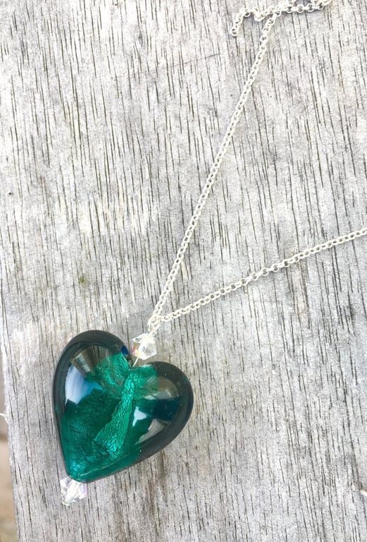 Teal Murano Glass with Swarovski Crystals Heart Pendant. 