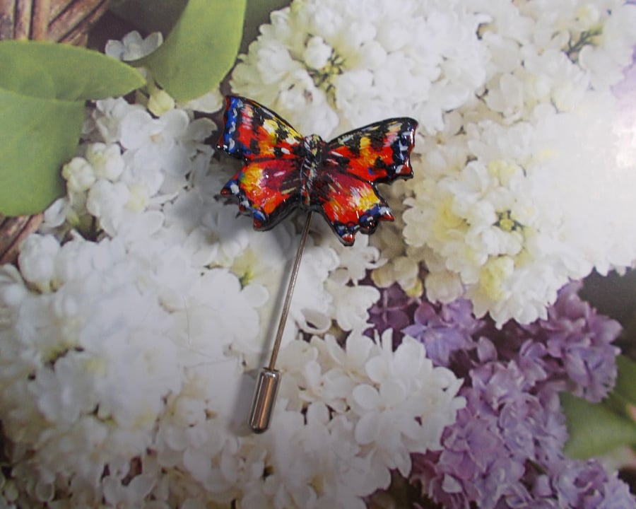 Small RED ADMIRAL BUTTERFLY PIN Clay Wedding Lapel Brooch HANDMADE HAND PAINTED