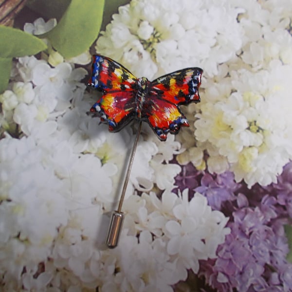 Small RED ADMIRAL BUTTERFLY PIN Clay Wedding Lapel Brooch HANDMADE HAND PAINTED