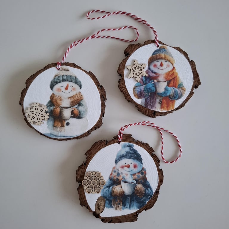 Three Snowman Christmas Ornaments, Decoupaged Wooden Slice Decor