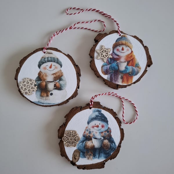 Three Snowman Christmas Ornaments, Decoupaged Wooden Slice Decor