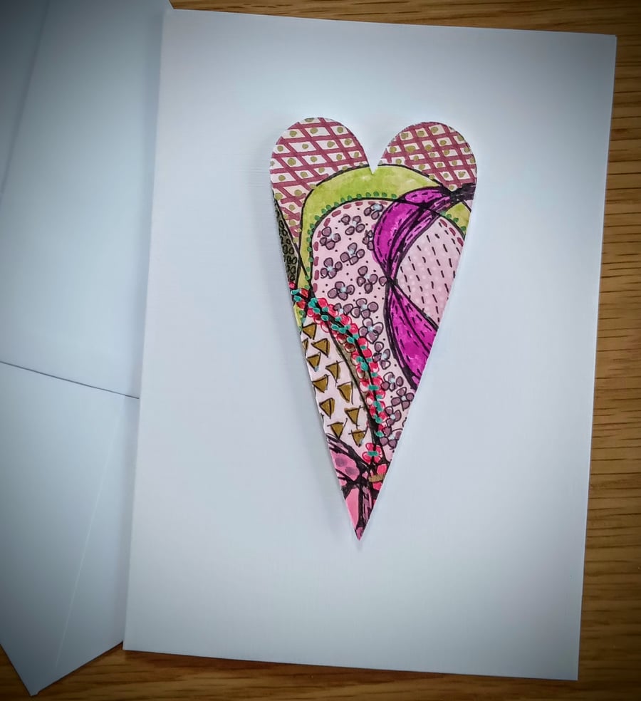 Hand-painted neurographic art HEART blank greetings card with envelope