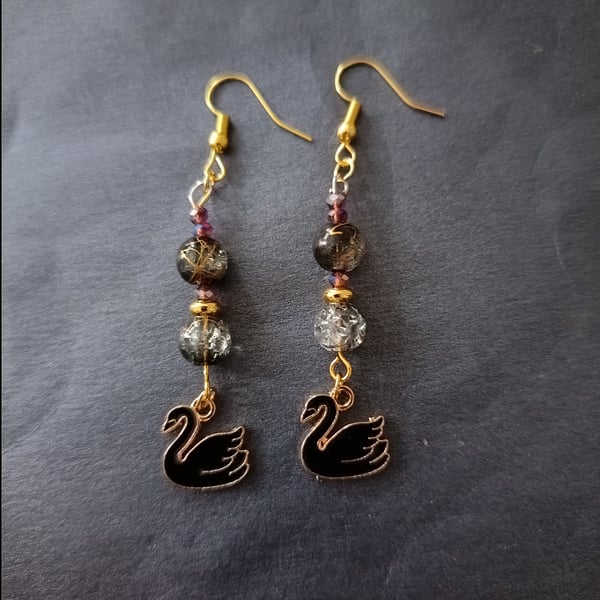 Beaded black swan dangle earrings
