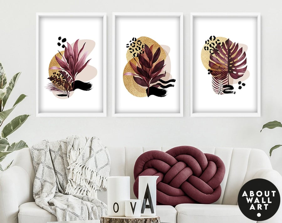 gold botanical art print, gardener gifts for women, tropical wall art set of 3, 