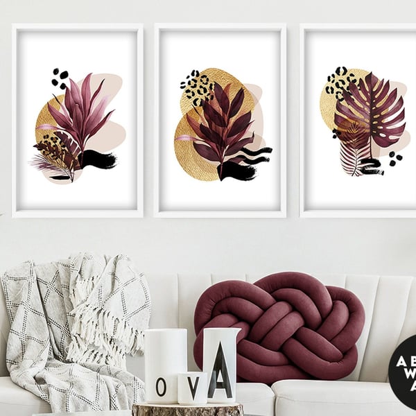 gold botanical art print, gardener gifts for women, tropical wall art set of 3, 