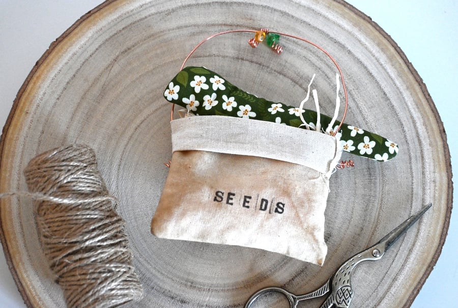 Primitive green bird seed bag 