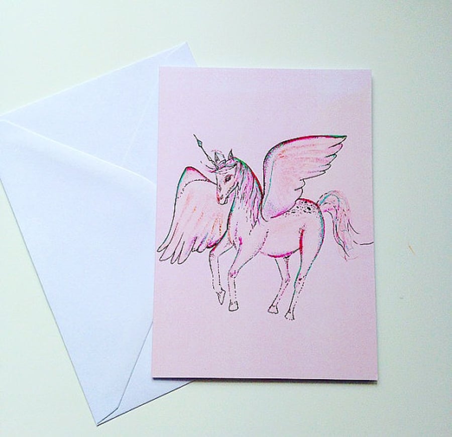 UNICORN PEGASUS GREETINGS CARD, PINK BLANK CARD, CARD FOR GIRL, ART PRINT