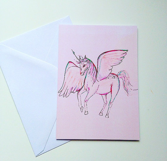 UNICORN PEGASUS GREETINGS CARD, PINK BLANK CARD, CARD FOR GIRL, ART PRINT