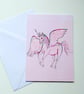 UNICORN PEGASUS GREETINGS CARD, PINK BLANK CARD, CARD FOR GIRL, ART PRINT