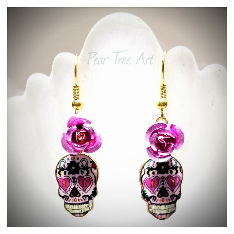 Sugar Skull Earrings with Pink Metal Roses 