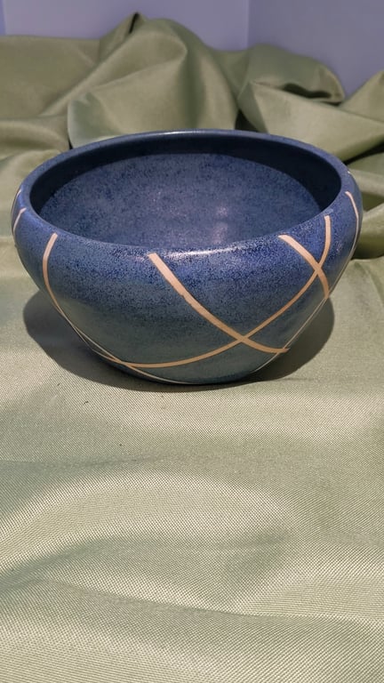 Speckled Blue Bowl with Geometric Pattern Handmade Pottery