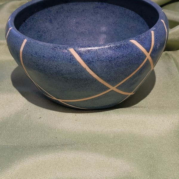 Speckled Blue Bowl with Geometric Pattern Handmade Pottery
