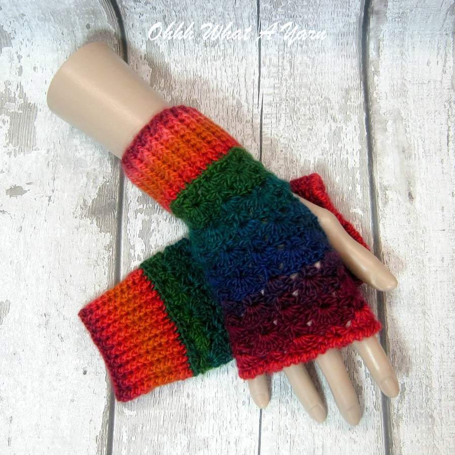 Rainbow ladies fingerless gloves, crochet gloves.
