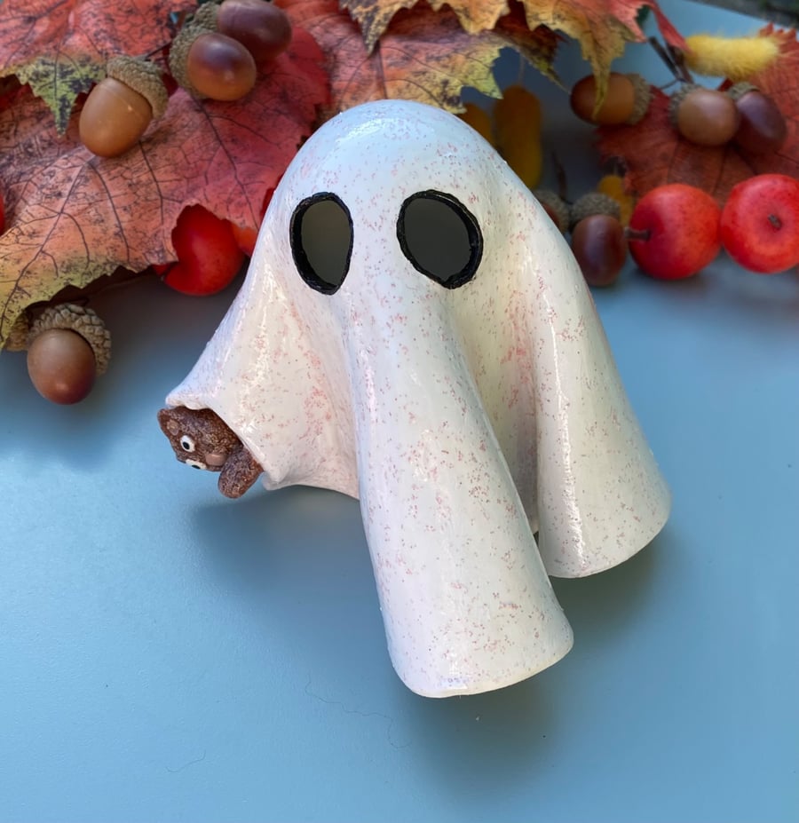 Handmade cute ghost with teddy bear, spooky Halloween decor, autumn colours