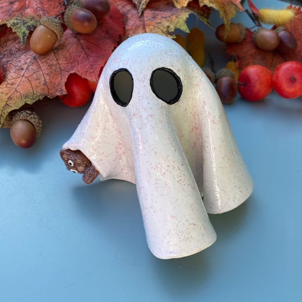 Handmade cute ghost with teddy bear, spooky Halloween decor, autumn colours