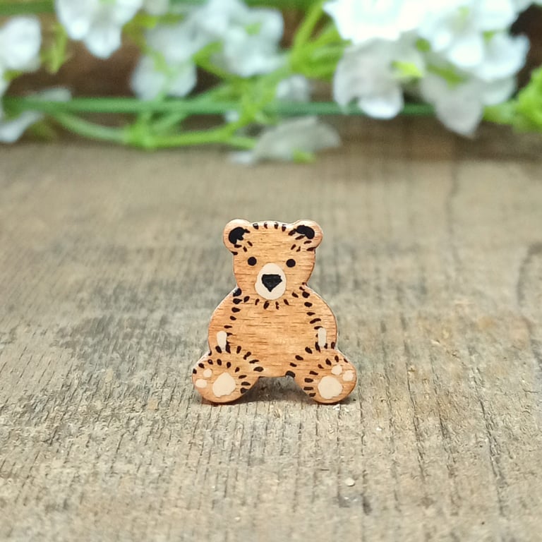Teddy Bear Pin, Teddy Bear Brooch, Wooden Brooch, Handmade Pin