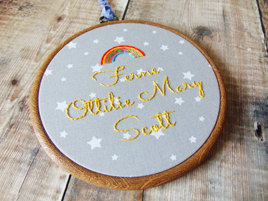 Rainbow Baby Gift, Personalised Hand Embroidered Hoop, Rainbow Nursery Decor