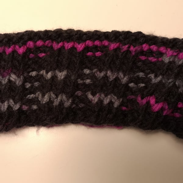 Handknitted pink, black and grey ribbed ear warmer